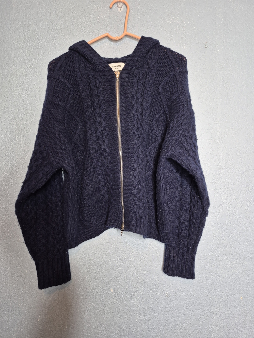 Navy Cable-Knit Zip Hoodie Sweater